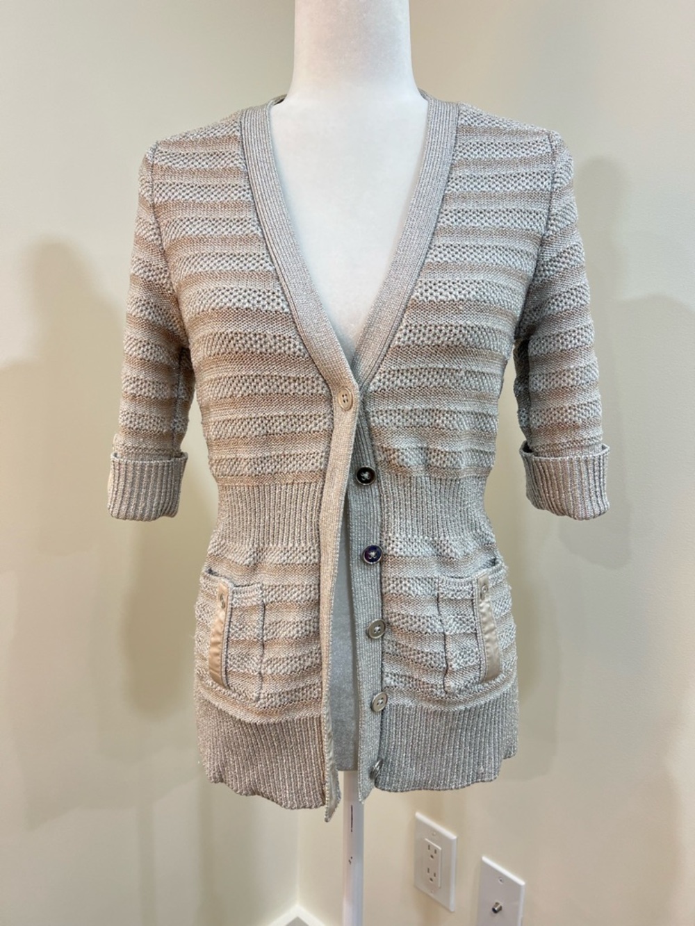 WHBM White House Black Market Silver Metallic Knit Cardigan Sweater Top Medium - Picture 8 of 8